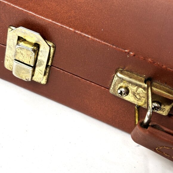 Backgammon Set Faux  Brown Cream Leather Case Complete - Picture 6 of 11